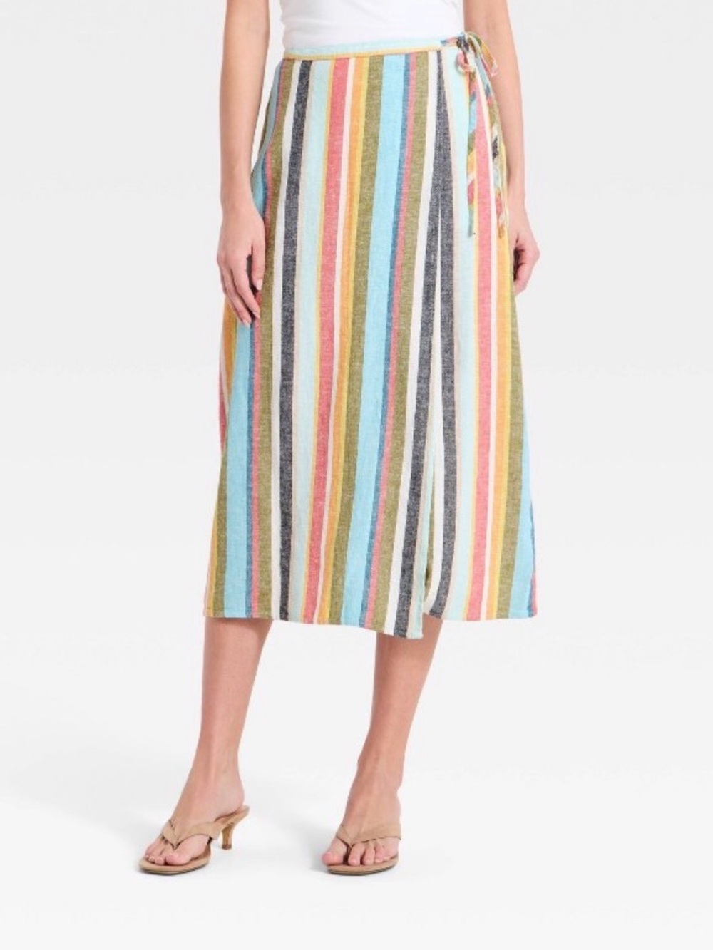 A New Day Linen Striped Wrap Midi Skirt - Blue, Pink, Yellow, Green, Black